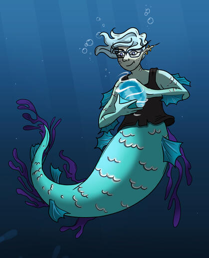 A patron as a liquid spirit in mermaid form